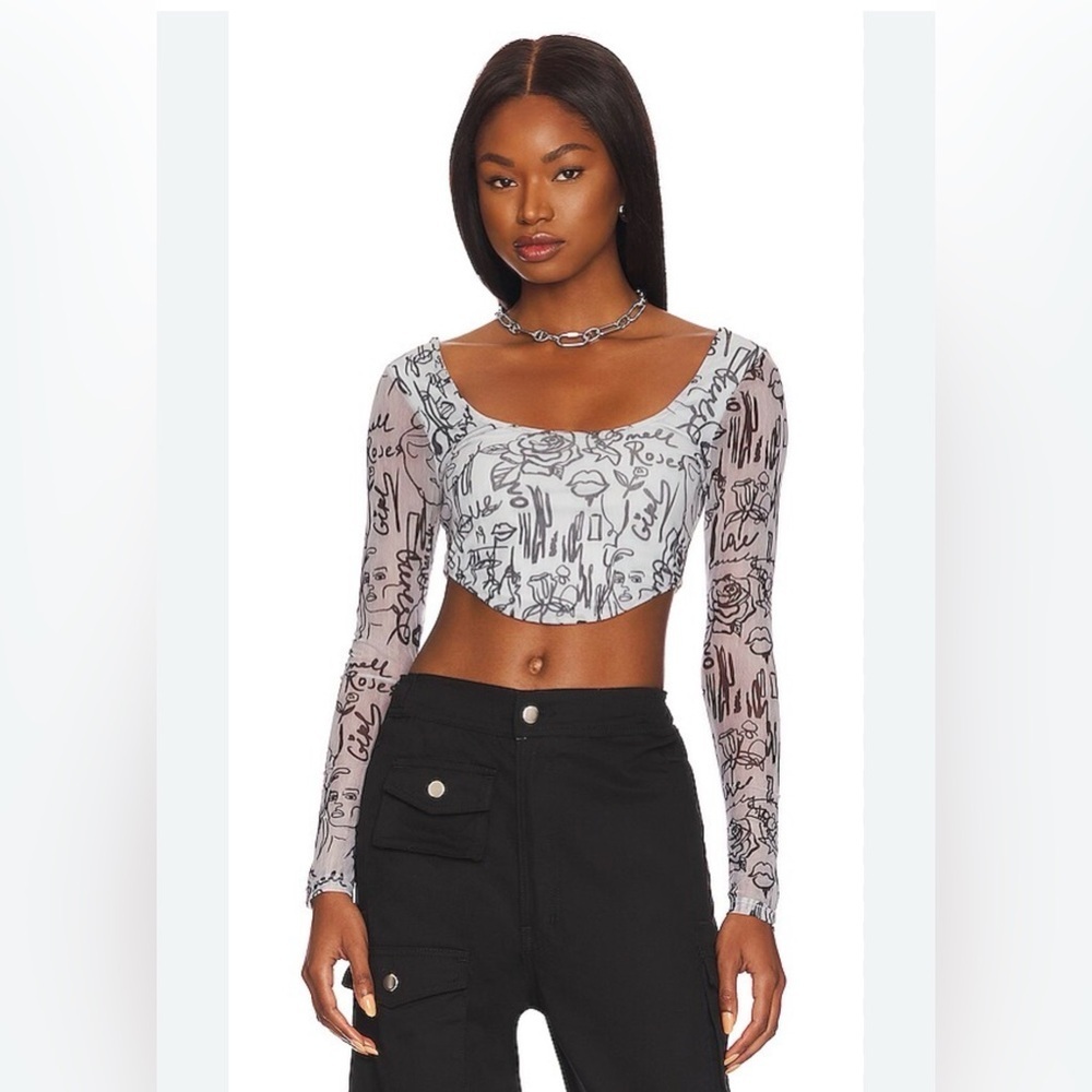 superdown White Mesh Long-Sleeve Graphic Crop Top